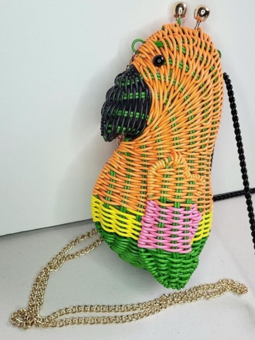 New Tommy Bahama Wicker Parrot Crossbody Bag in Orange, Green & Pink
